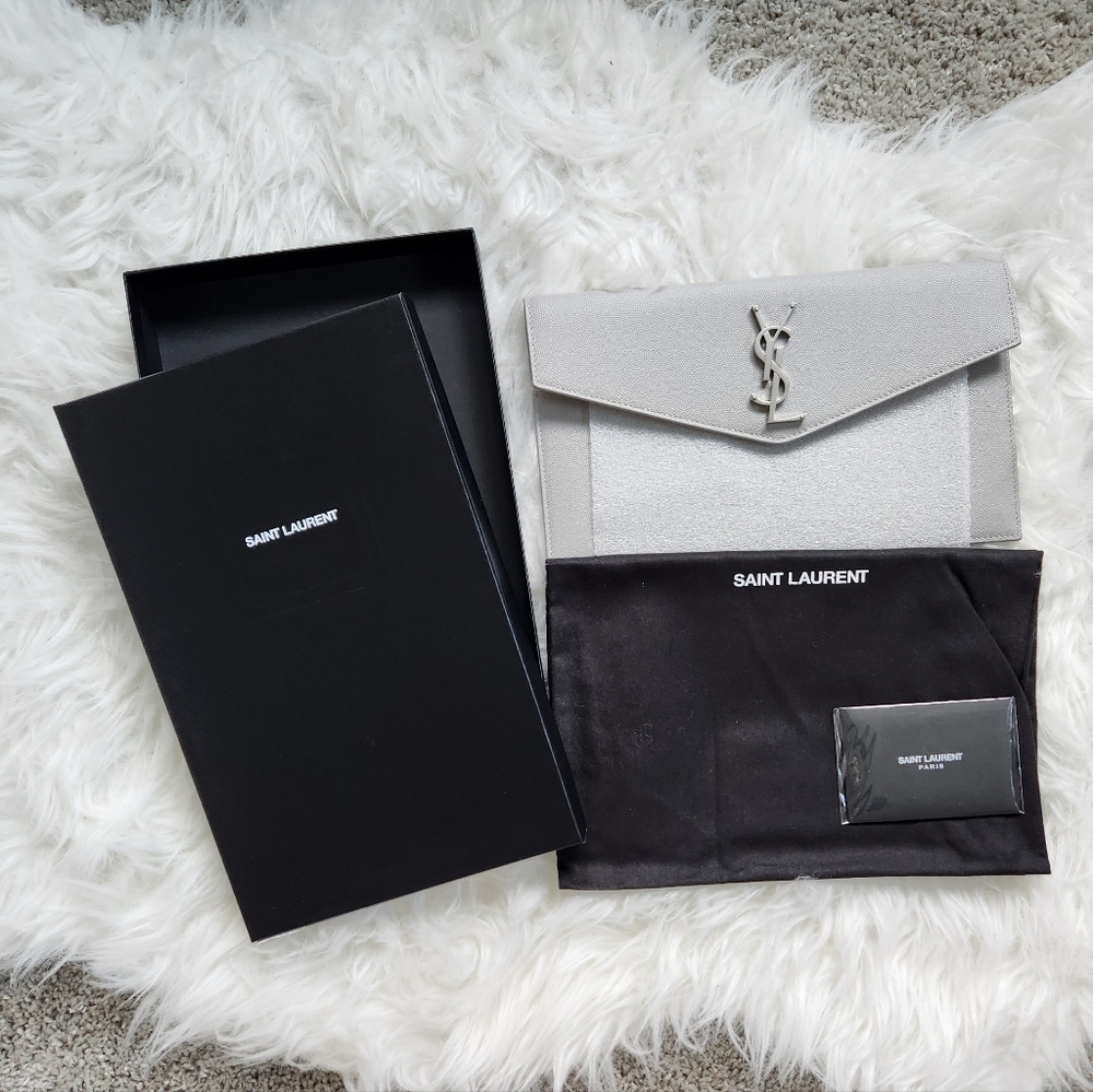 NEW YSL Saint Laurent Uptown Monogram Clutch in Granite Grey